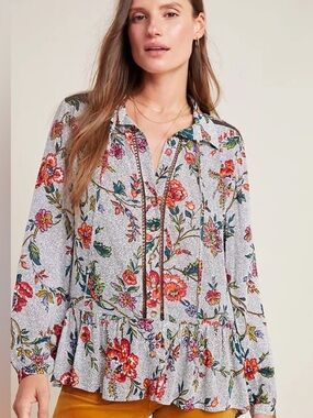 Anthropologie x Maeve Janie floral ruffle peasant blouse w buttons size 4